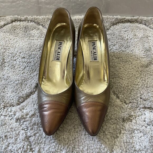 Vintage 1980s Pancaldi Pumps‎ Two Tone Gold Sz 7AA Made in Italy - Picture 3 of 13
